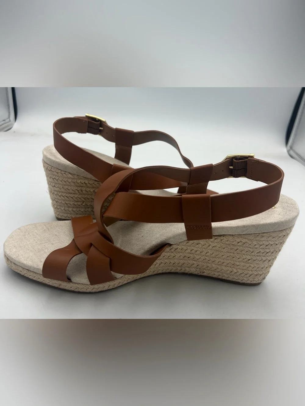 COLE HAAN Crystal Brown Espadrille Strappy Wedge Sandals Women’s Size 9 New